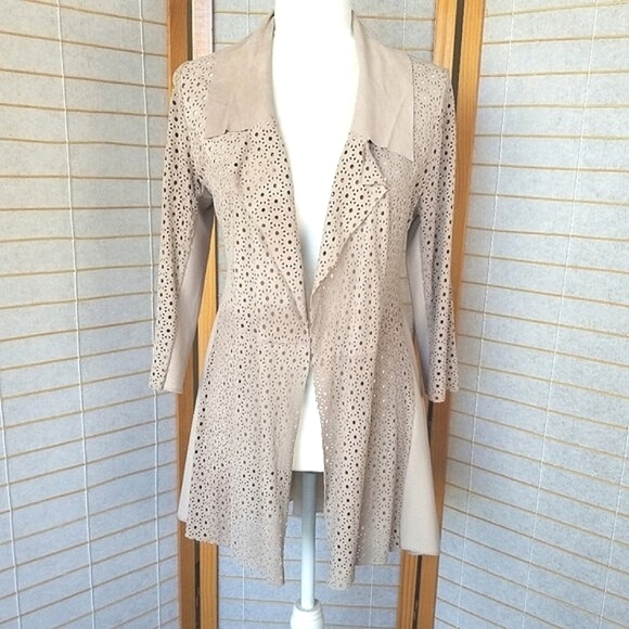 My Tribe Grey Taupe Leather and Knit Open Front Perforated Draped Jacket Small - Picture 1 of 13